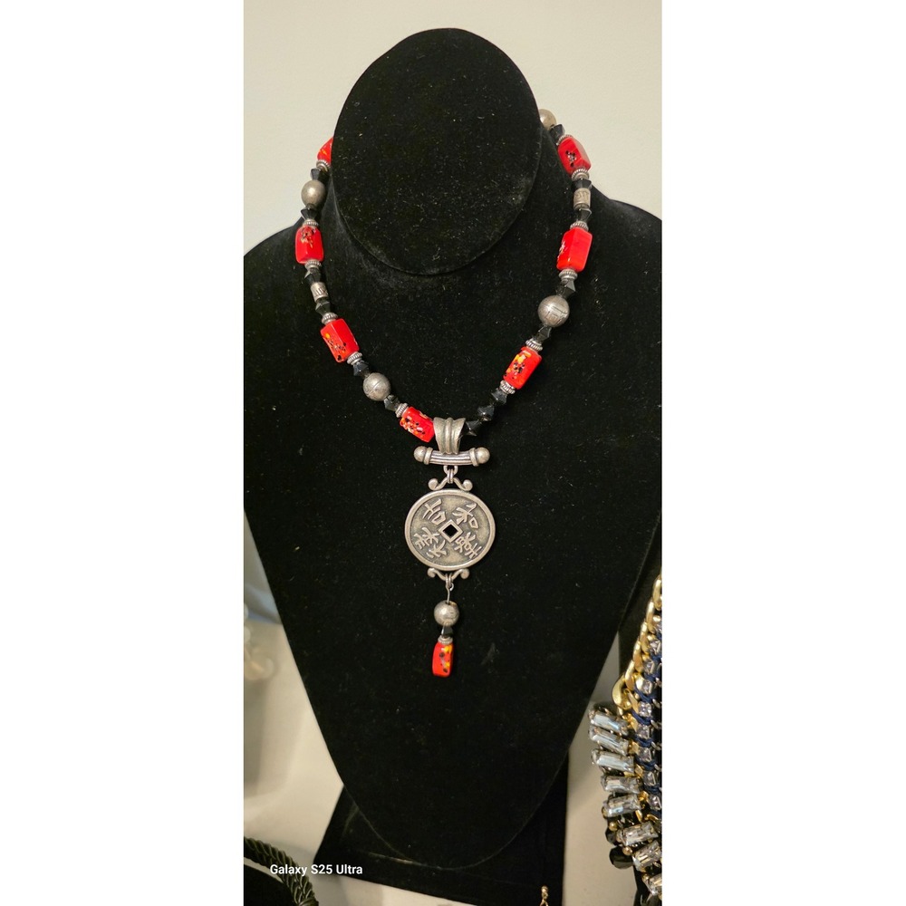Vintage Necklace Earrings Clip on Red Black Asian Beaded Medallion Womens